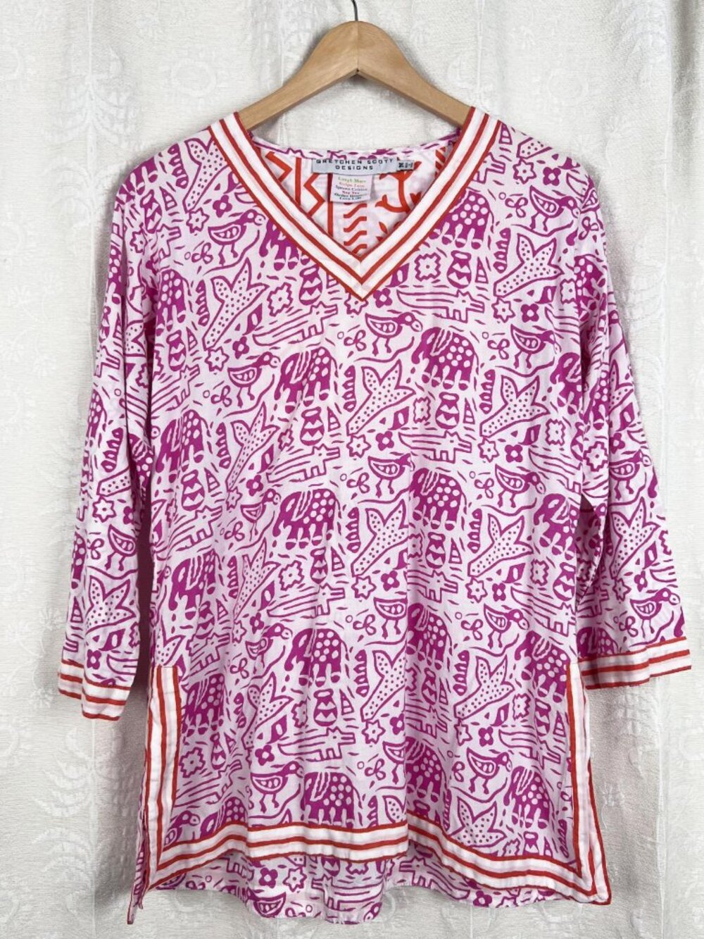 Gretchen Scott pink & orange cotton tunic elephant block print relaxed fit boho